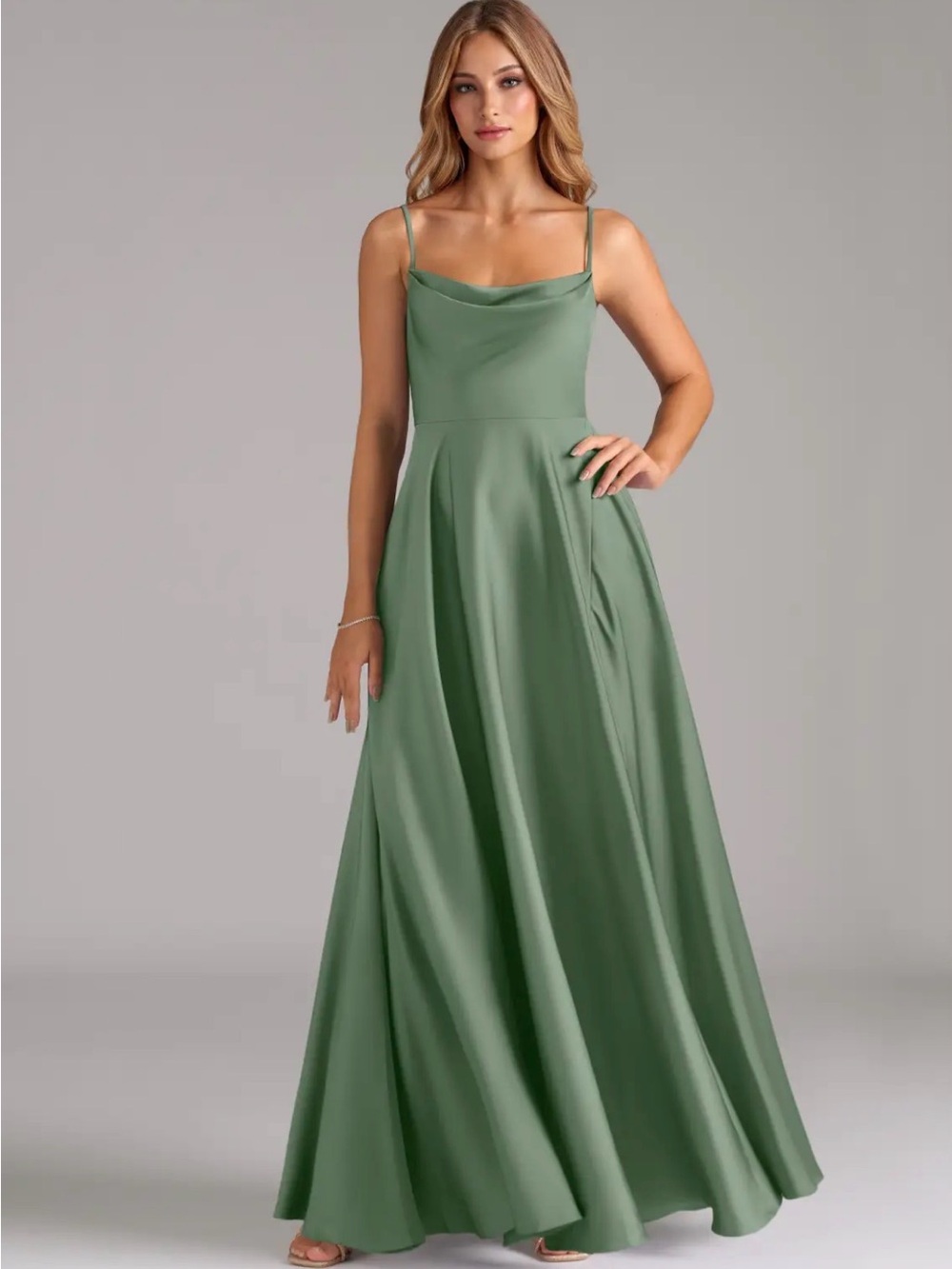 Azazie Elle Stretch Matcha A-Line Pleated Stretch Satin Dress